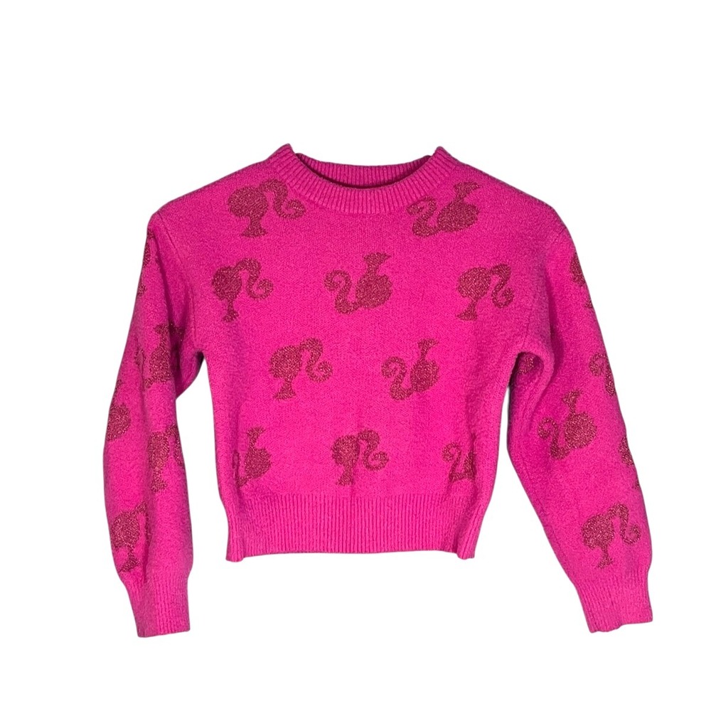 Barbie Youth Girls Metalic Print Pink Sweater Super Soft 7/8 Long Sleeve
